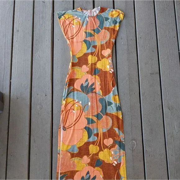 Zara Colorful Retro Floral Maxi Dress, Multicolored Knit Side Cutout Small Size - Picture 5 of 12